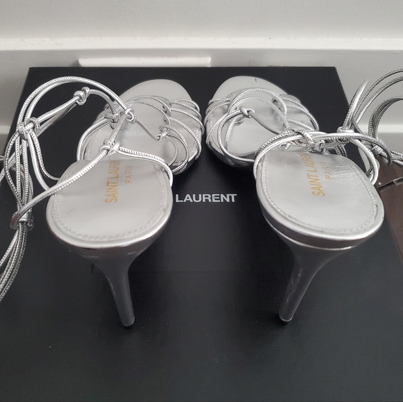 NIB SAINT LAURENT Robin 85 Metallic Argento Strappy High Heel Sandals sz 37 - Picture 6 of 12